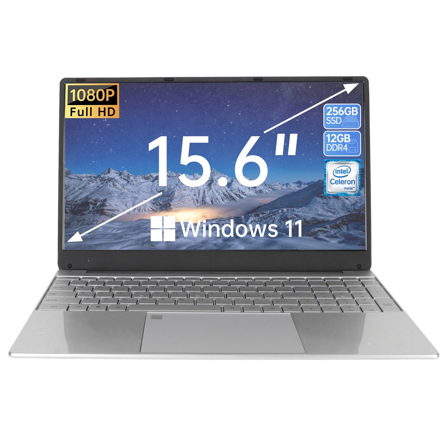 12GB DDR4 256GB SSD Quad-Core Intel N5095 Processors, WiFi, Bluetooth, FingerPrint, Backlit Keyboard, Windows 11 Computer, 15" Lightweight Laptop, Silver