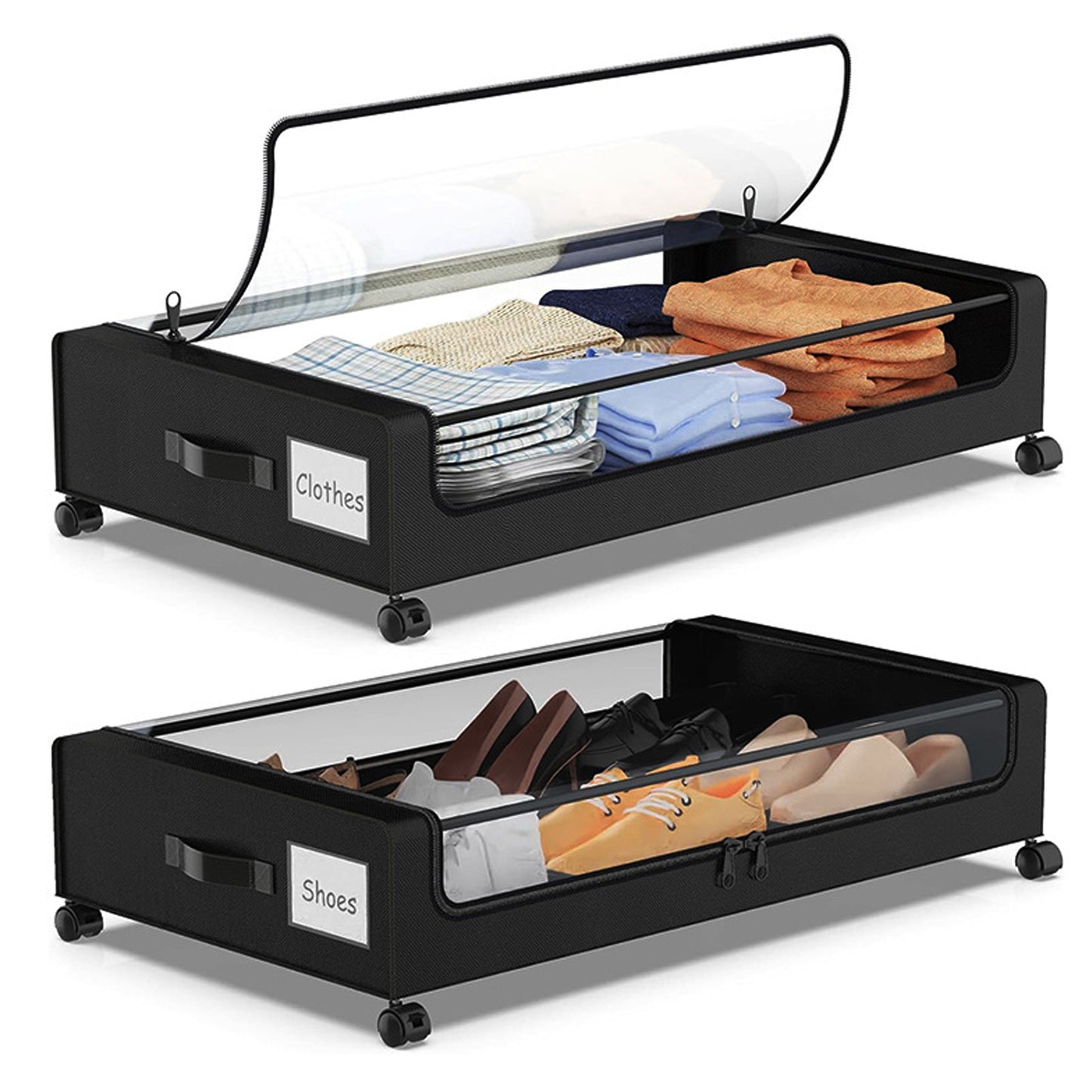 2Pack 48L Under Bed Storage Containers, Under Bed Shoe Storage Organizer With Clear Lid, Bedroom Storage Organization Drawer For Clothes, Shoes, Toys,Blankets,Black