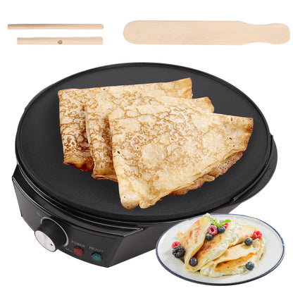 12" Griddle & Crepe Maker, Non-Stick Electric Crepe Pan W/Batter Spreader- Use for Blintzes Eggs Pancakes, Adjustable Temperature Settings for Breakfast or Dessert