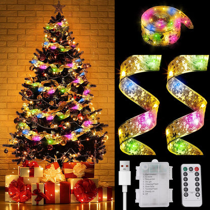 Christmas Ribbon Lights 32.8ft/10m 100 LED Lights Christmas Tree Xmas Lights Battery Operated Copper Wire Ribbon Bows Fairy String Lights for New Year Party Weddings Christmas Tree,Multicolor Light