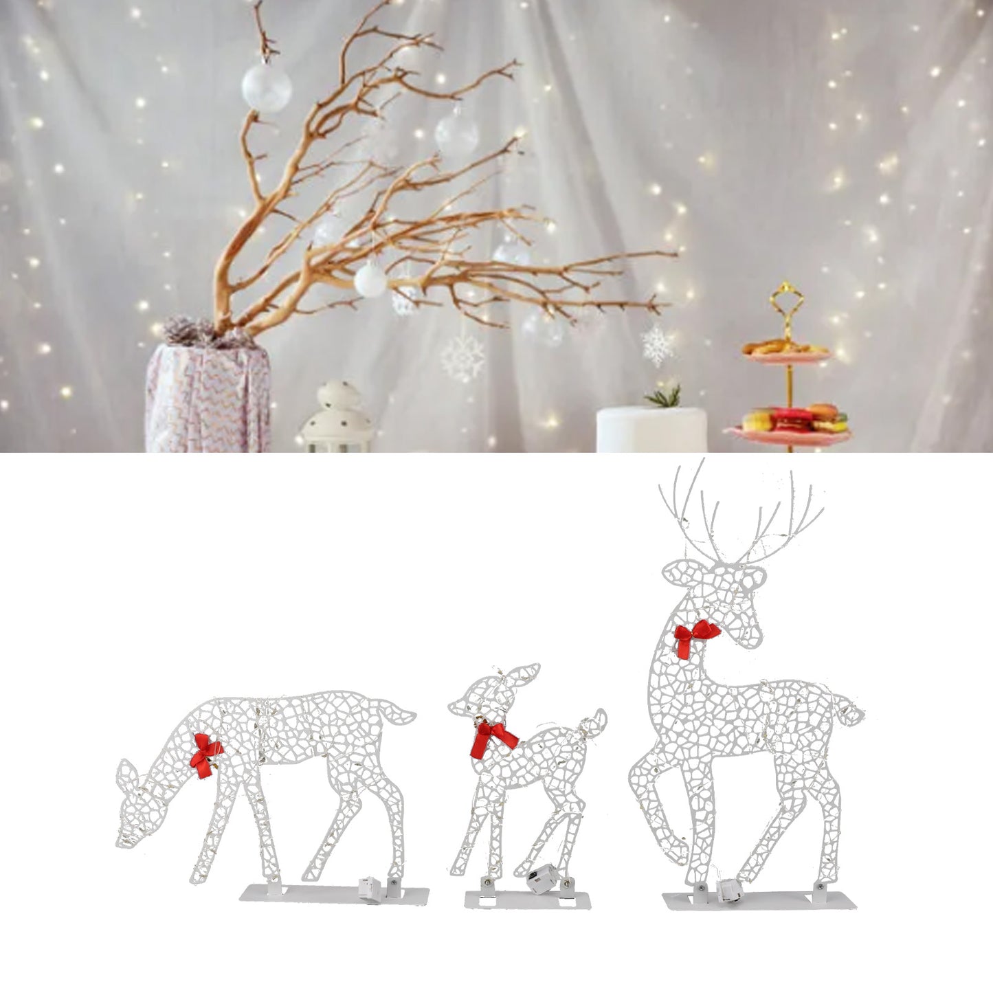 3-Piece Lighted Christmas Deer Set Outdoor Yard Decoration With 360 LED Lights, Home Warm White Light For Christmas Xmas Gift