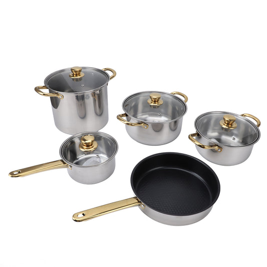 Stainless Steel Pots and Pans Set Ergonomic Golden Handle Multifunctional Cookware Set Cooking Pots with Glass Lids for Kitchen