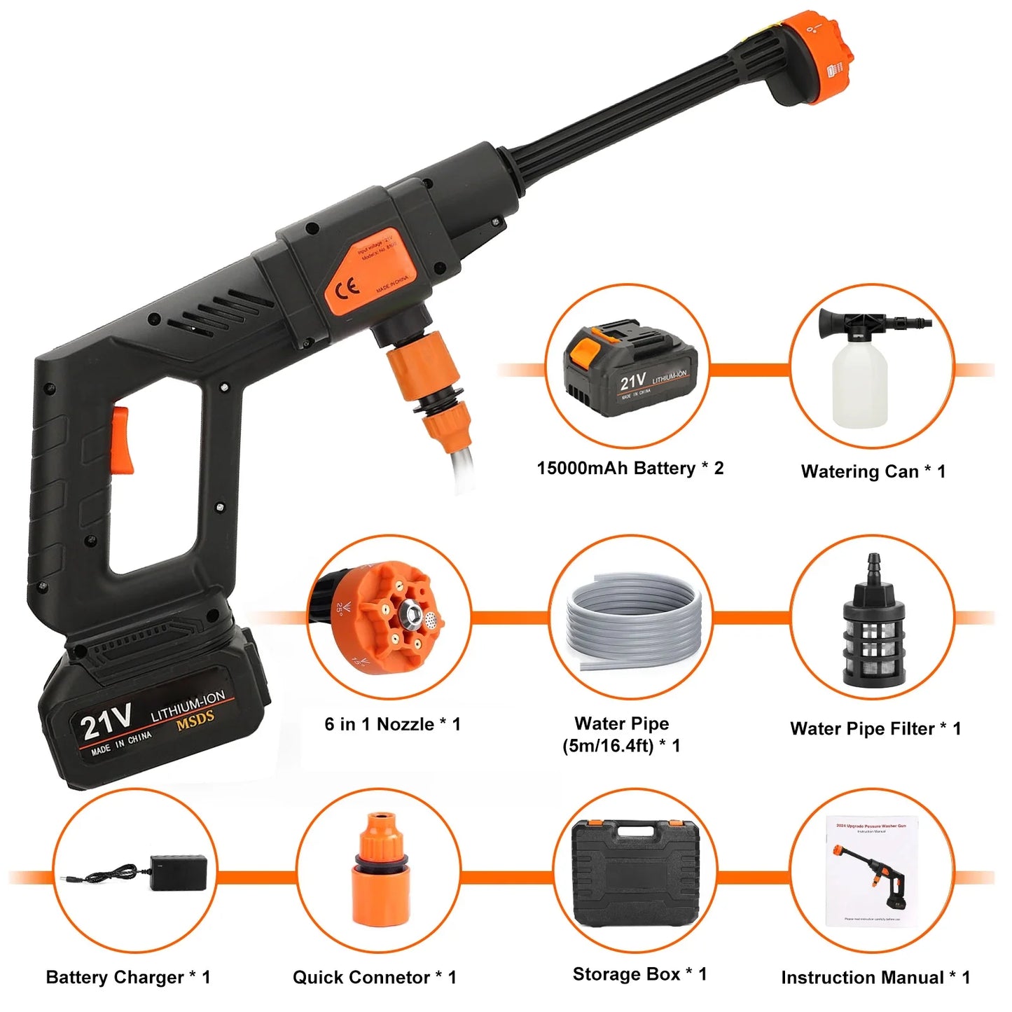 15000mAh 21V Cordless Pressure Washer with 2 Rechargeable Battery, 16.4FT Water Pipe and 6 in 1 Nozzles Car Power Cleaner Machine, 435PSI