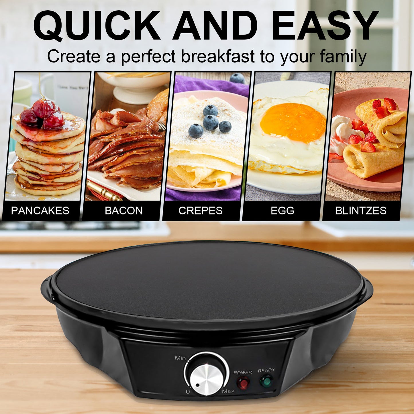 12" Griddle & Crepe Maker, Non-Stick Electric Crepe Pan W/Batter Spreader- Use for Blintzes Eggs Pancakes, Adjustable Temperature Settings for Breakfast or Dessert