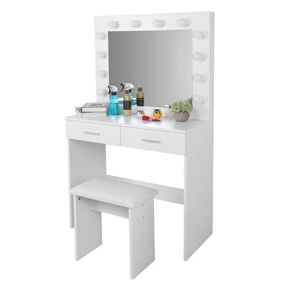 Vanity Table Set With LED, Drawers, and Stool, Nordic Style Dressing Table for Bedroom Dressing White