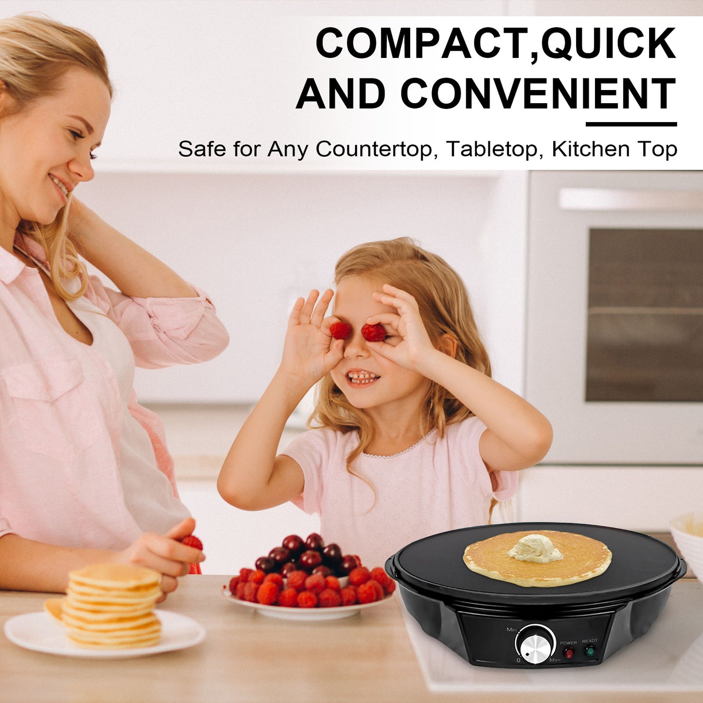 12" Griddle & Crepe Maker, Non-Stick Electric Crepe Pan W/Batter Spreader- Use for Blintzes Eggs Pancakes, Adjustable Temperature Settings for Breakfast or Dessert