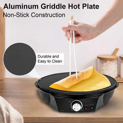 12" Griddle & Crepe Maker, Non-Stick Electric Crepe Pan W/Batter Spreader- Use for Blintzes Eggs Pancakes, Adjustable Temperature Settings for Breakfast or Dessert