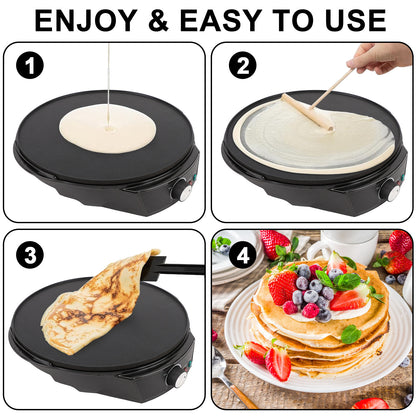 12" Griddle & Crepe Maker, Non-Stick Electric Crepe Pan W/Batter Spreader- Use for Blintzes Eggs Pancakes, Adjustable Temperature Settings for Breakfast or Dessert