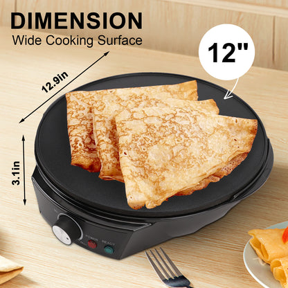 12" Griddle & Crepe Maker, Non-Stick Electric Crepe Pan W/Batter Spreader- Use for Blintzes Eggs Pancakes, Adjustable Temperature Settings for Breakfast or Dessert