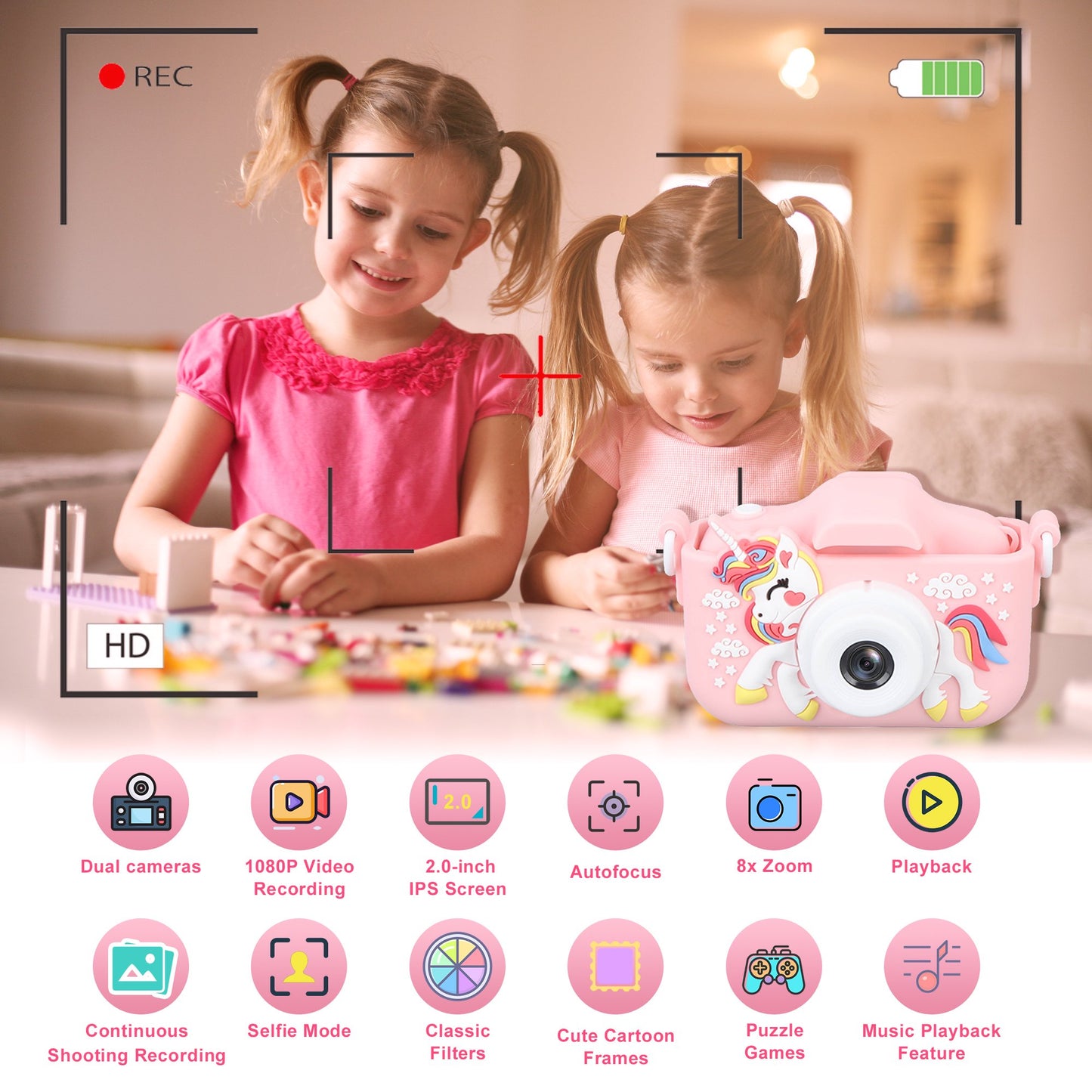 Kids Camera 1080P HD Digital Selfie Video Camera Toy for Toddler 3 4 5 6 7 8 Years Old, with 32GB SD Card and Silicone Cover, Christmas Birthday Gifts for Boys Girls