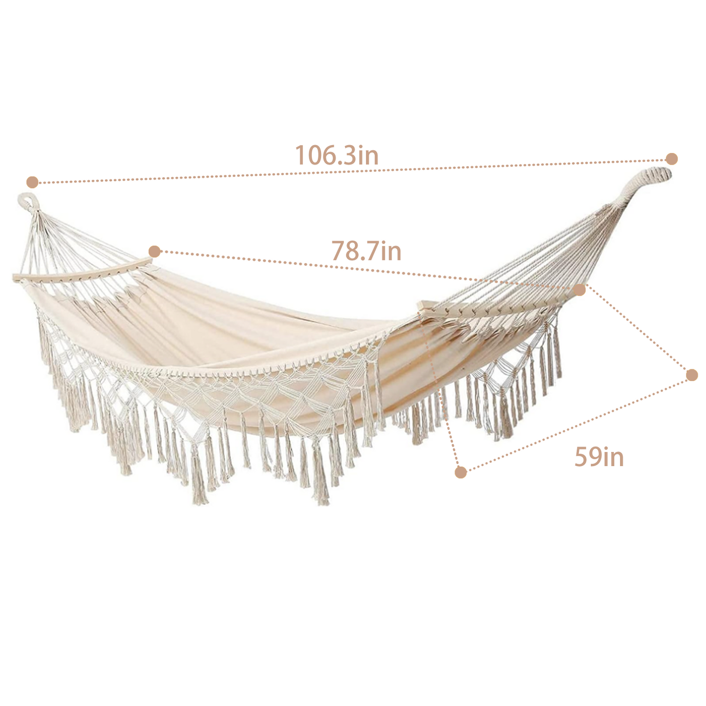 2-Person Canvas Solid Wood Tassels Fishtail Knitting with Mounting Straps & Curved Rod & Carrying Bag for Outdoor Camping Patio Balcony, Beige