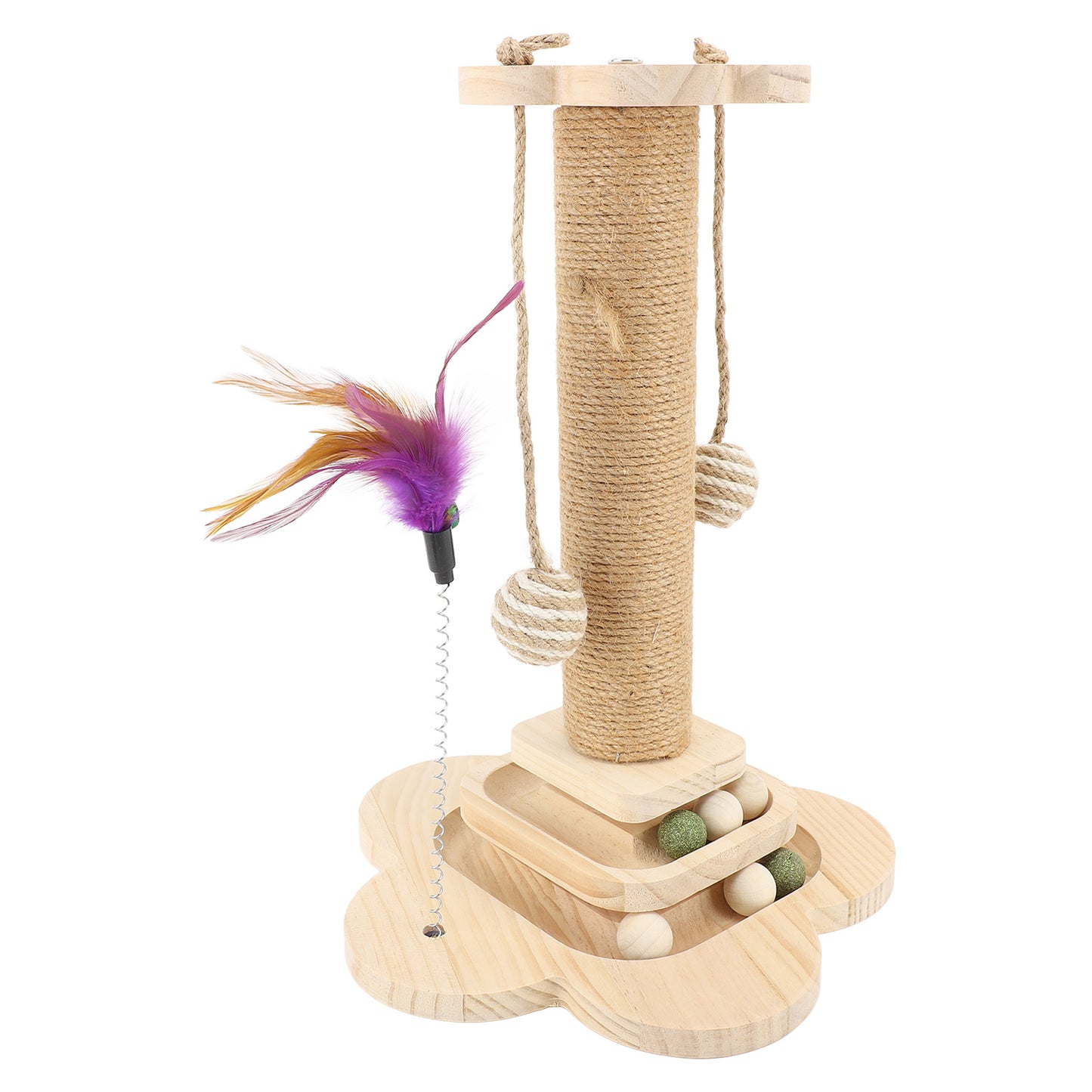 18.1" Cat Scratching Post with Board Base, Cat Scratcher Pole Tower with Sisal Toy,Track Toys,Feather Toys for Indoor Cats