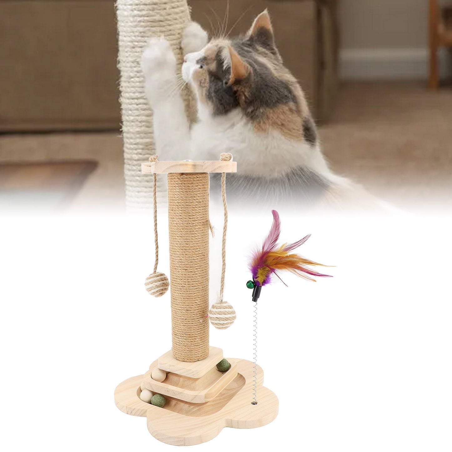 18.1" Cat Scratching Post with Board Base, Cat Scratcher Pole Tower with Sisal Toy,Track Toys,Feather Toys for Indoor Cats