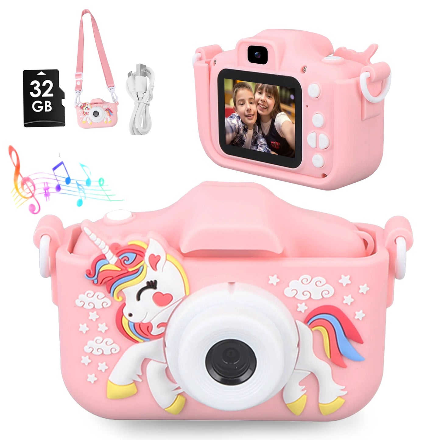 Kids Video Camera 1080P HD Digital Selfie Camera with 32GB SD Card, Silicone Cover, Christmas Birthday Gifts for Boys Girls 3-12 Years