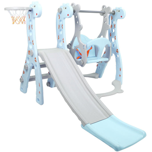 4 in 1 Toddler Swing and Slide Set for Kids Age 1 to 5, Toddler Indoor Playground for Children Baby Swing Set with Swing, Climber, Ball, Basketball Hoop and Long Slide for Boys and Girls, Blue