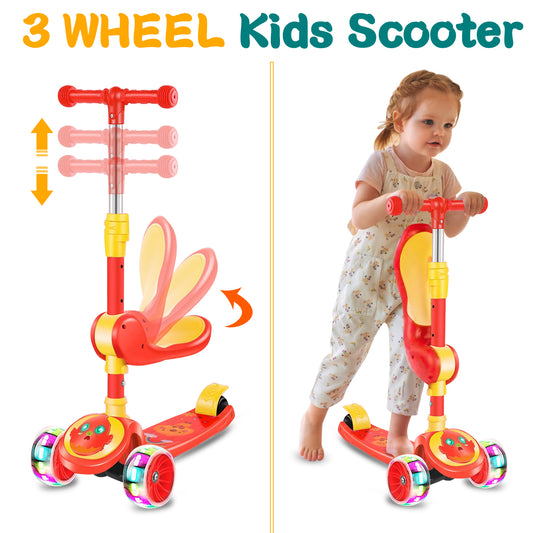 3 Wheel Scooter for Kids, Foldable Kids Kick Scooter with Light Up Wheels and Foldable Seat, Kids Scooter with Adjustable Height, Rear Brake and Music, Ride on Toys for for Girls Boys Kids 3 YO & up