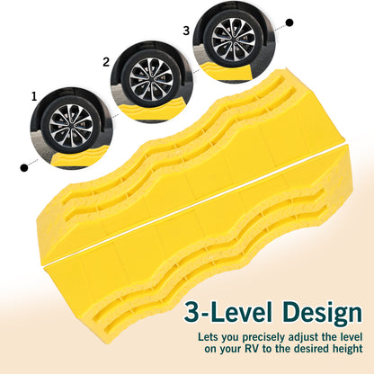 1 Pair RV Leveling Ramps 3 Stage Yellow Trailer Camper Wheel Chocks for Stabilizing Uneven Ground and Parking