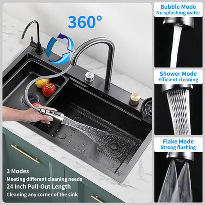 Waterfall Kitchen Sink, 26.77" Single Bowl Drop In Kitchen Sink with Pull-Out Faucet, Thickened Stainless Steel Digital Display Kitchen Sink