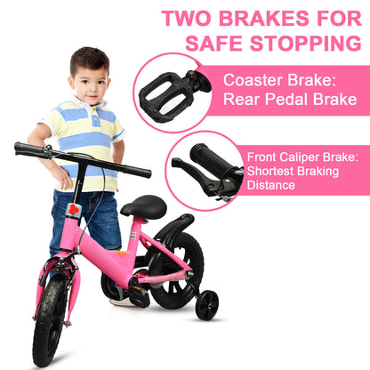 12 Inch Kids Bike with Training Wheels, Children Bike with Adjustable Handlebar, Kids Bicycle for Boys Girls Toddlers Age 1 to 5, 2-in-1 Toddler Bike with Handbrake/Bell/Pedals, up to 110lbs