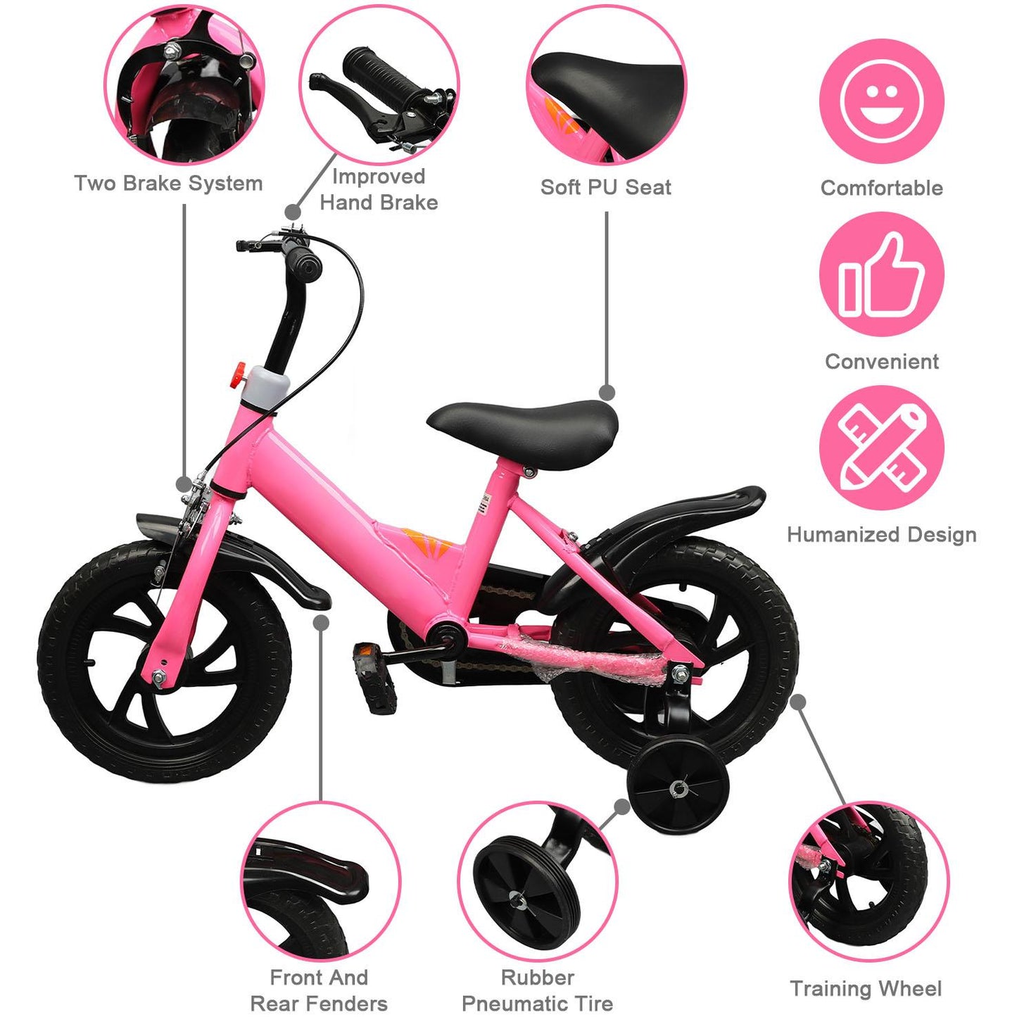 12 Inch Kids Bike with Training Wheels, Children Bike with Adjustable Handlebar, Kids Bicycle for Boys Girls Toddlers Age 1 to 5, 2-in-1 Toddler Bike with Handbrake/Bell/Pedals, up to 110lbs