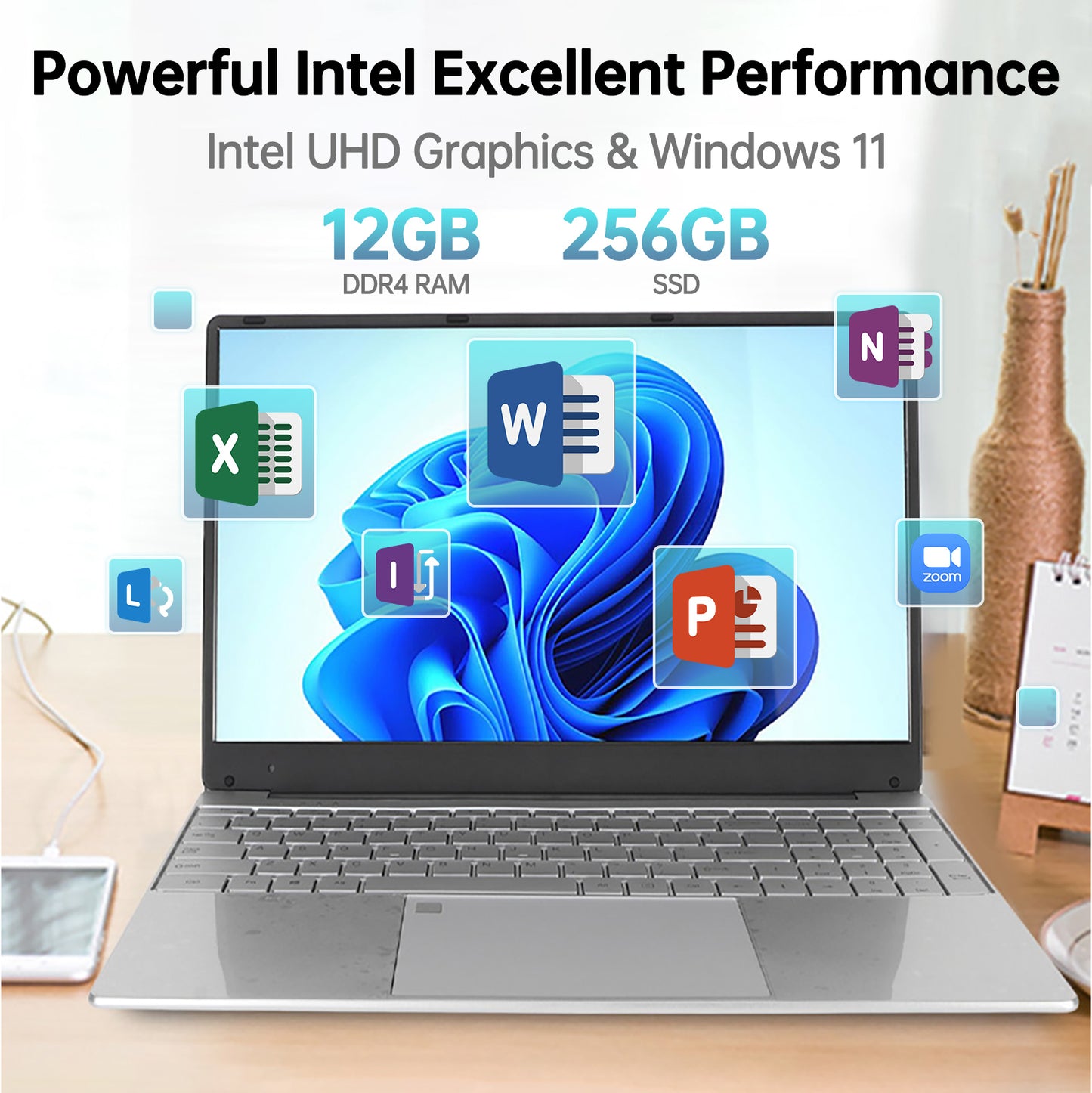 12GB DDR4 256GB SSD Quad-Core Intel N5095 Processors, WiFi, Bluetooth, FingerPrint, Backlit Keyboard, Windows 11 Computer, 15" Lightweight Laptop, Silver