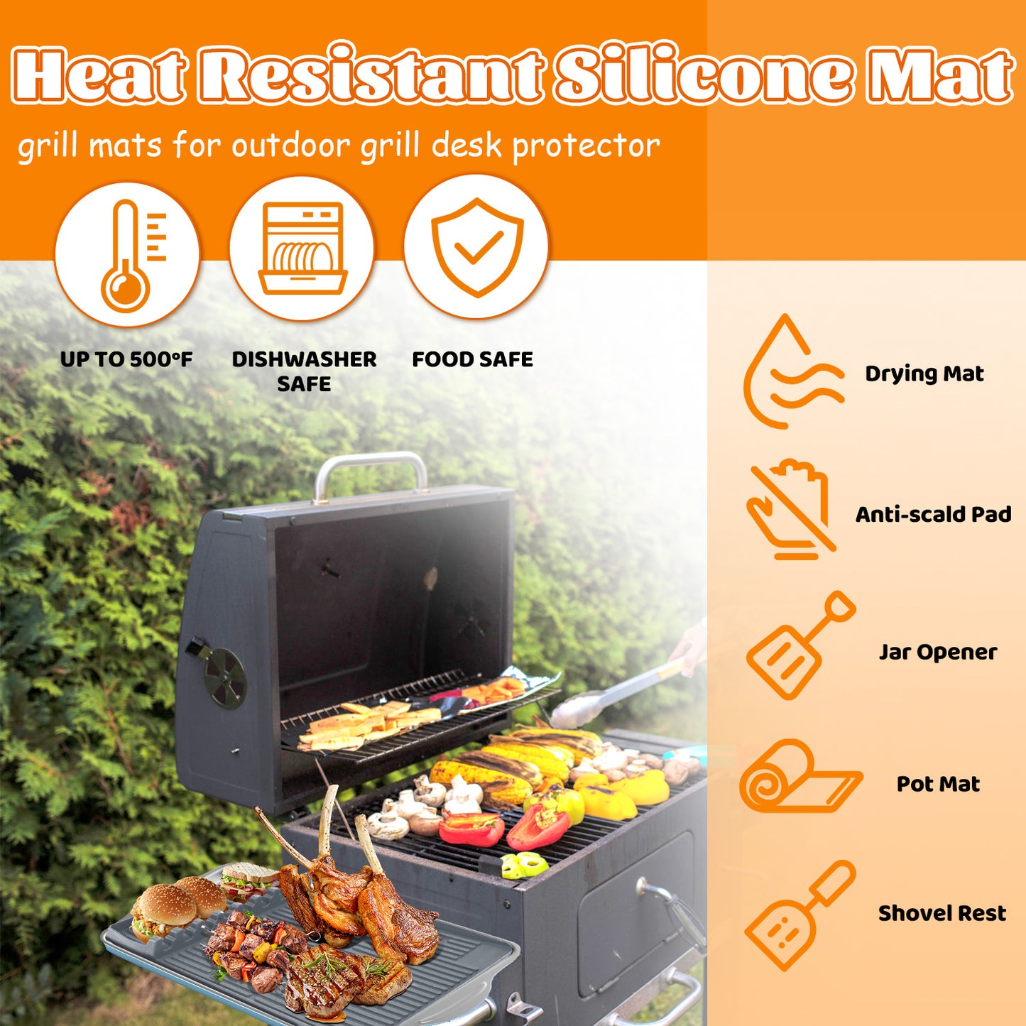 2Pack 3 in 1 Grill Side Shelf Mat, Food Grade Silicone Grill Side Shelf Mat for Blackstone, Collapsible Spatula Mat, Large Utensil Rest for Multiple BBQ Grilling Tools, Reusable 11.4"x15.7", Gray