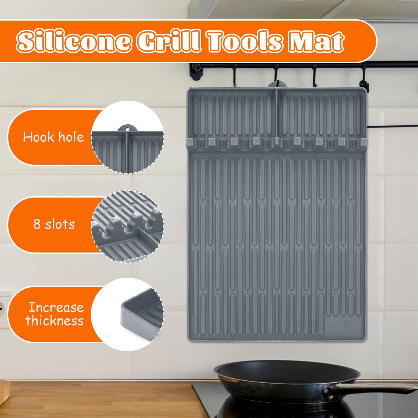 2Pack 3 in 1 Grill Side Shelf Mat, Food Grade Silicone Grill Side Shelf Mat for Blackstone, Collapsible Spatula Mat, Large Utensil Rest for Multiple BBQ Grilling Tools, Reusable 11.4"x15.7", Gray