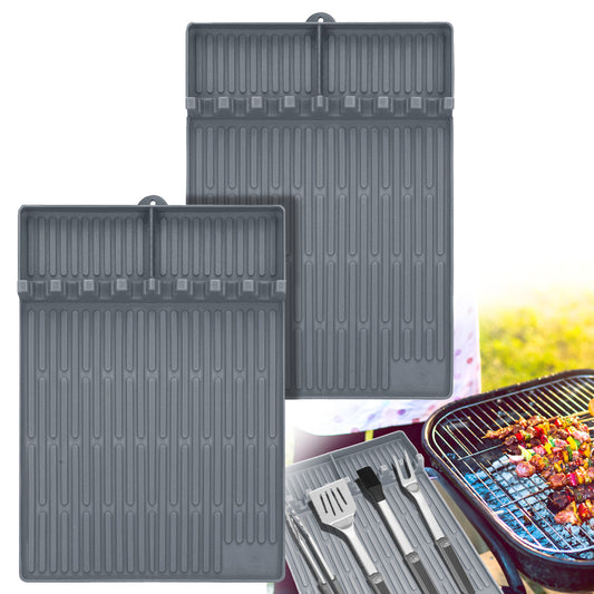 2Pack 3 in 1 Grill Side Shelf Mat, Food Grade Silicone Grill Side Shelf Mat for Blackstone, Collapsible Spatula Mat, Large Utensil Rest for Multiple BBQ Grilling Tools, Reusable 11.4"x15.7", Gray