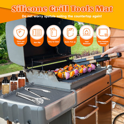 2Pack 3 in 1 Grill Side Shelf Mat, Food Grade Silicone Grill Side Shelf Mat for Blackstone, Collapsible Spatula Mat, Large Utensil Rest for Multiple BBQ Grilling Tools, Reusable 11.4"x15.7", Gray