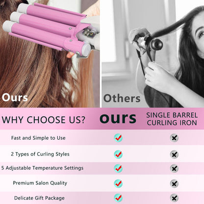 3 Barrel Hair Waver, 1 inch Ceramic Tourmaline Triple Barrels Hair Curling Iron, 5 Adjustable Temperature Hair Crimper, Hair Waving Styling Tools for Women & Girls, Christmas Mother's Day Gift(Pink)