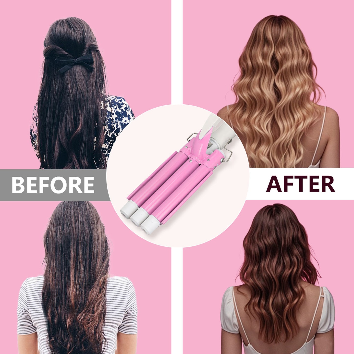 3 Barrel Hair Waver, 1 inch Ceramic Tourmaline Triple Barrels Hair Curling Iron, 5 Adjustable Temperature Hair Crimper, Hair Waving Styling Tools for Women & Girls, Christmas Mother's Day Gift(Pink)