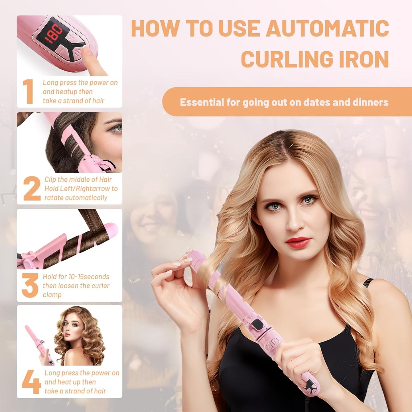 1.1in Ceramic Barrel Automatic Rotating Curling Iron, Digital Temp Control, Curling Wand Fast Heat Up, Auto Shut Off for Waves, Beach Curls for Women & Girls, Ideal Gift