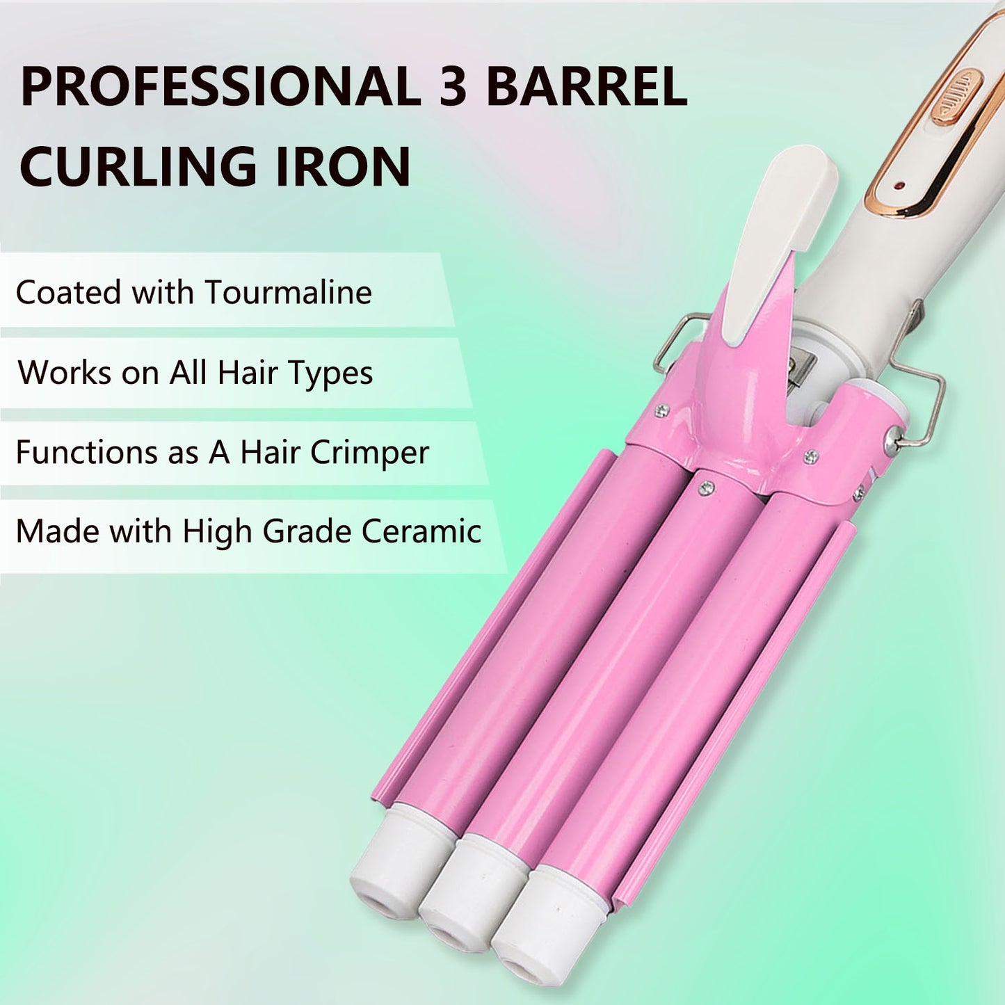 3 Barrel Hair Waver, 1 inch Ceramic Tourmaline Triple Barrels Hair Curling Iron, 5 Adjustable Temperature Hair Crimper, Hair Waving Styling Tools for Women & Girls, Christmas Mother's Day Gift(Pink)