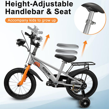 16 inch Kids Bike with Headlight & Training Wheels Children Adjustable Seat Handlebar for Boys Girls Age 3-8 Years Old Birthday Gift