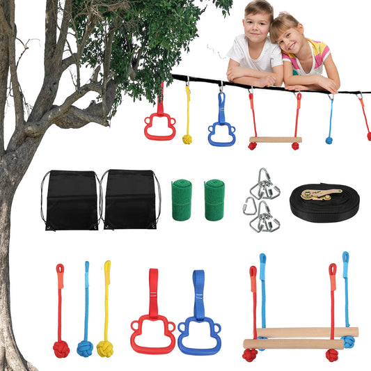 50ft Ninja Warrior Obstacle Course for Kids, Slackline with 2 Gym Rings, 2 Monkey Bars, 3 Rope Knots, 9 Carabiners, 2 Storage Bags, Portable Outdoor Course Training Equipment Set for Backyard