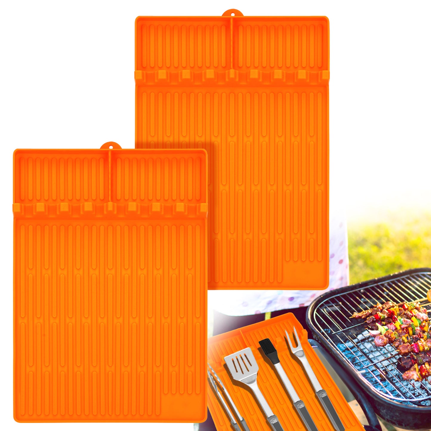 2Pack 3 in 1 Grill Side Shelf Mat, Food Grade Silicone Grill Side Shelf Mat for Blackstone, Collapsible Spatula Mat, Large Utensil Rest for Multiple BBQ Grilling Tools, Reusable 11.4"x15.7", Orange